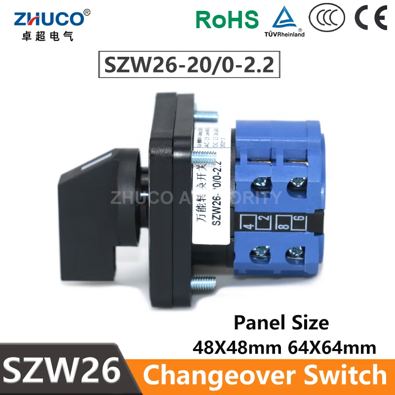 Фото ZHUCO SZW26/LW26-20/0-2,2 LW28 LW39B Выбор переменного тока, 2 полюса, 8 клемм, 0-1-2, трехпозиционный кулачковый переключатель управления питанием, 20 А, 660 В №2