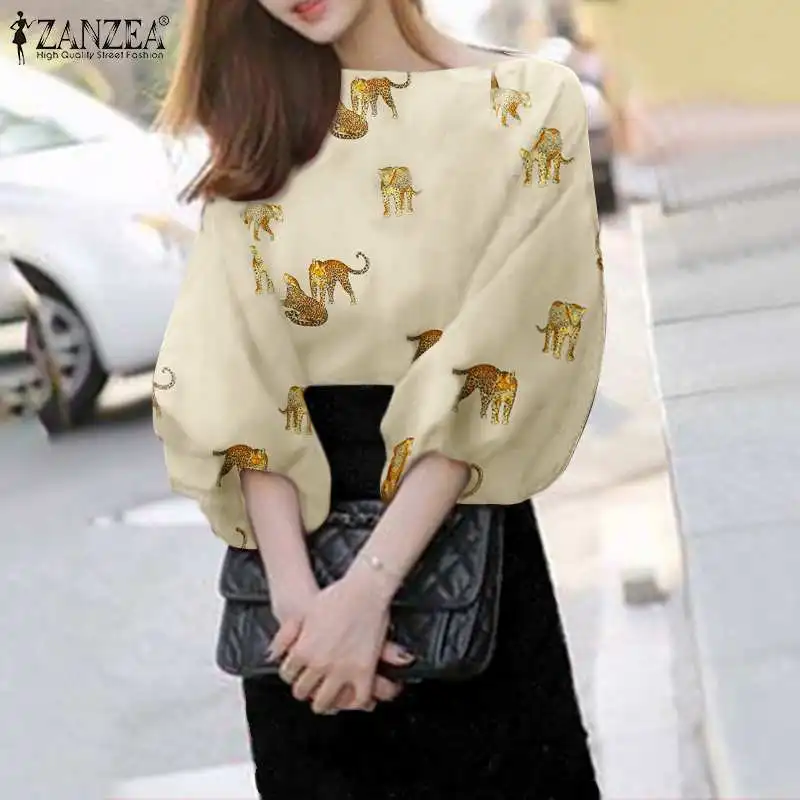 

2022 Spring Summer Blouse Shirt ZANZEA Wome Puff Sleeve Tops Tunic Casual Animals Printed Lady Oversized Blusa Femininas Chemise