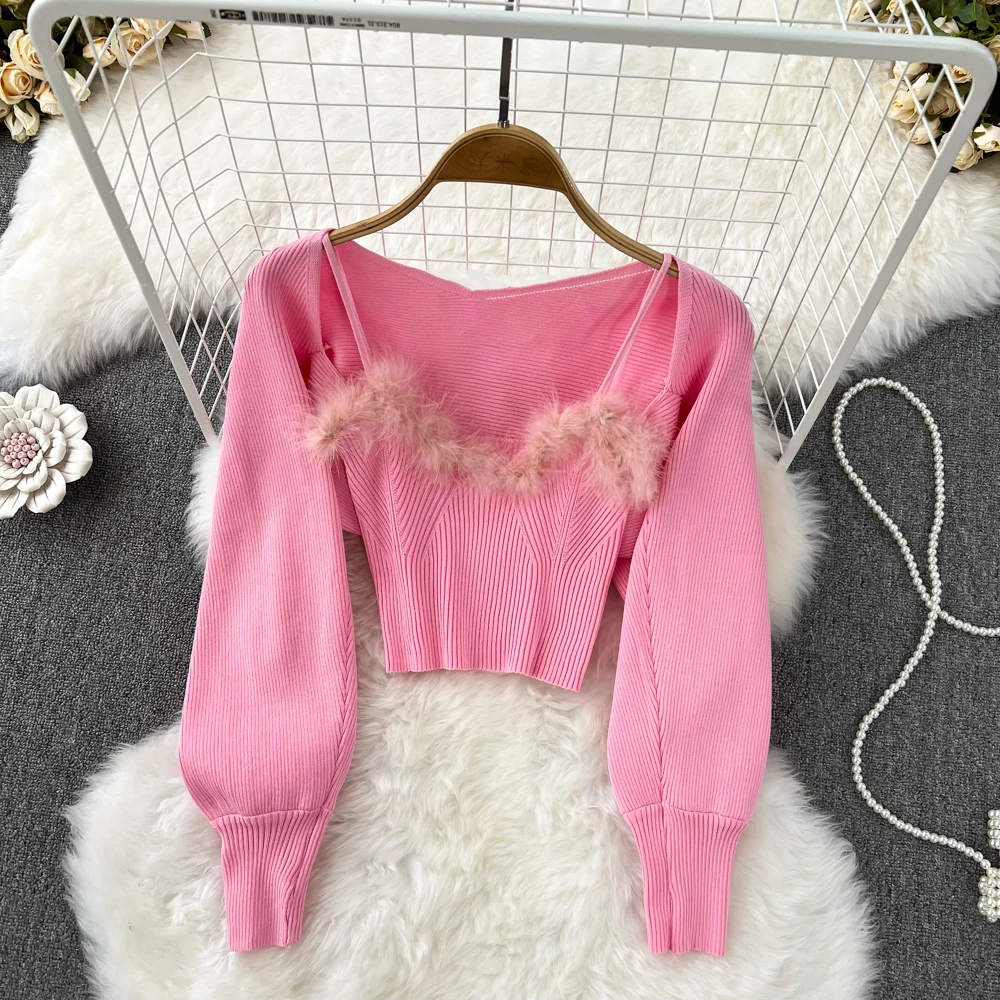 

Женский пикантный пушистый комплект из двух предметов, шикарный Вязаный топ с перьями и элегантный кардиган с длинным рукавом, осенний свит...