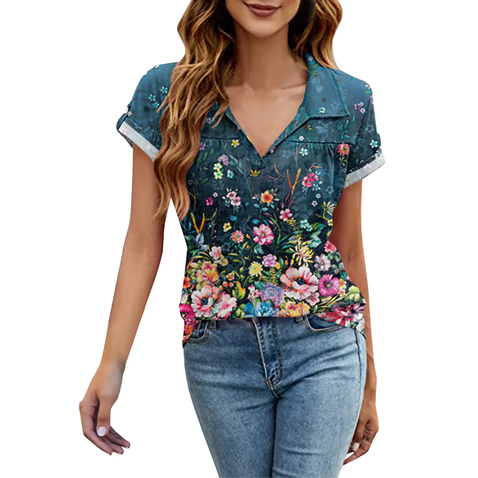 

Женская блуза с V-образным вырезом, коротким рукавом и рюшами