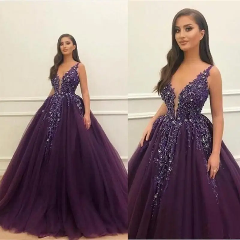 

Великолепные темно-фиолетовые тюлевые платья принцессы Quinceanera, Лидер продаж, индивидуальные украшения, блестящие бусины, аппликация на тон...