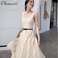 womens fashion lace embroidered camisole dress 2022 summer new elegant solid color belt slim fit a line dress for ladies