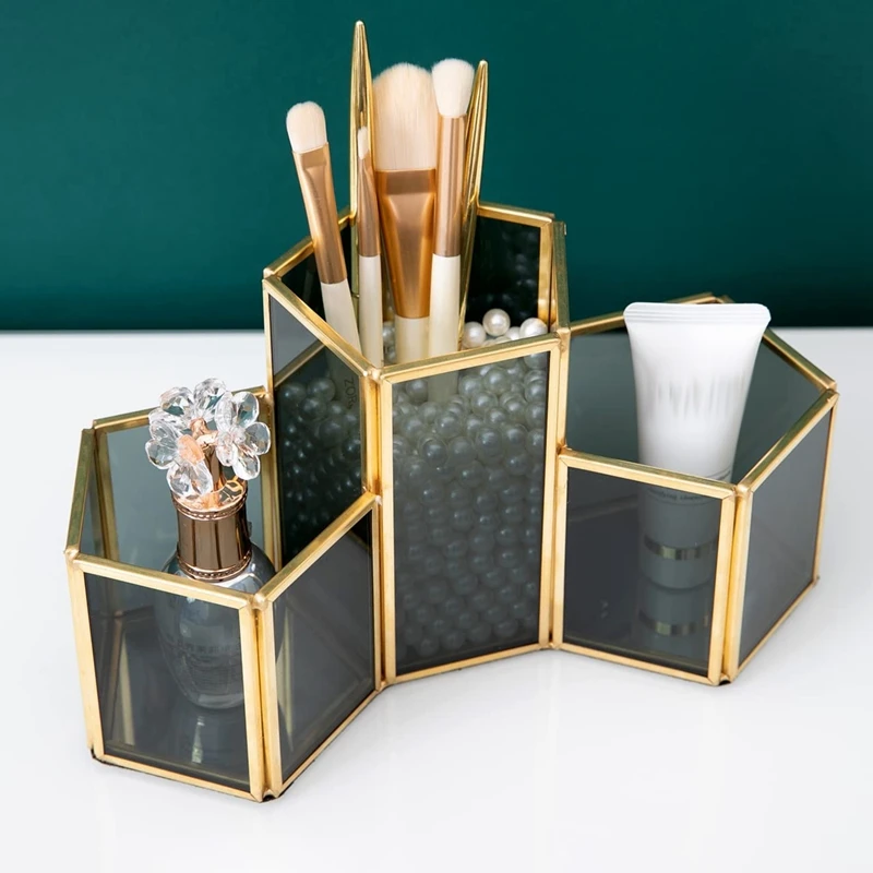 

Cosmetic Organizer Vintage Makeup Brush Organizer Brush Holder 3 Slots Brass And Glass Makeup Brush Holder Pencil Holder