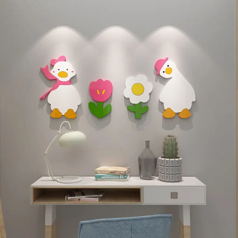 

Милые Мультяшные стикеры в виде утки, декоративные Трехмерные настенные Стикеры для спальни и прикроватного столика для девочек
