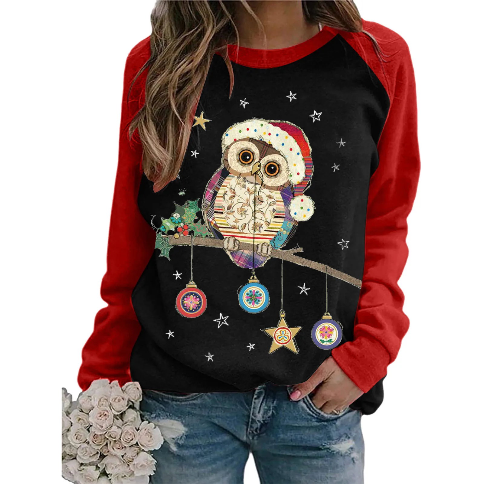 

Shirts Christmas Raglan Sleeve Casual Long Printing Women Tops Blouse Women's Blouse