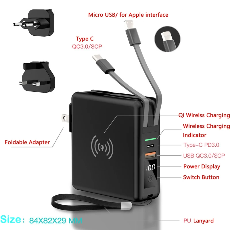 15W Fast Qi Wireless Charger Power Bank 10000mAh Built in Cable Plug Fast Charger for iPhone 13 Samsung Huawei Xiaomi Powerbank