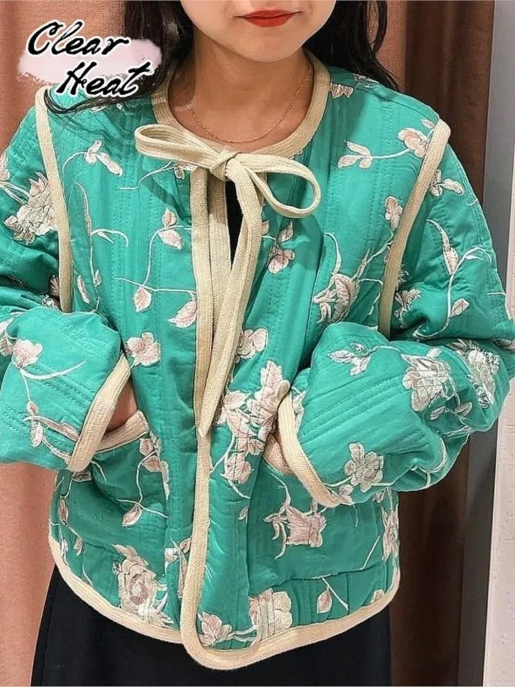 

Women Flower Printed Lace Up Cotton Jacket Fashion O Neck Long Sleeve Wram Coat With Pockets Female Elegant Winter Outwear 2023