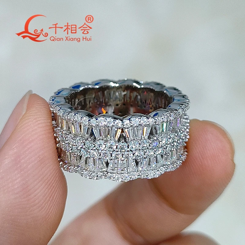 9.5mm small trapezoid round fan-shaped Ring Eternity Band S925 Silver hip hop Moissanite Ring Men women Diamonds Male Jewelry