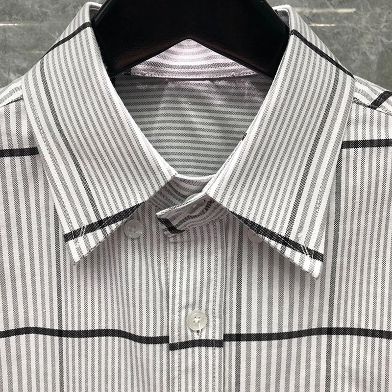 TB THOM Men's Long-Sleeve Regular-fit Casual Shirt  Luxury Brand T Shirts Men Slim Long Sleeve Casual Plaid Shirt Turn Down Tops