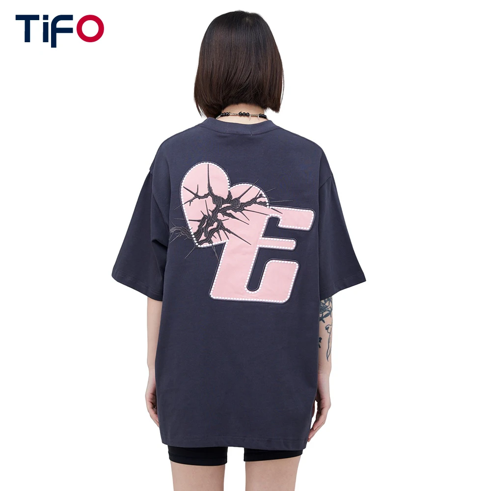 

Summer Loose Heart Embroidery Short Sleeve Women Streetwear Casual Patch Crew Neck Cotton Tops