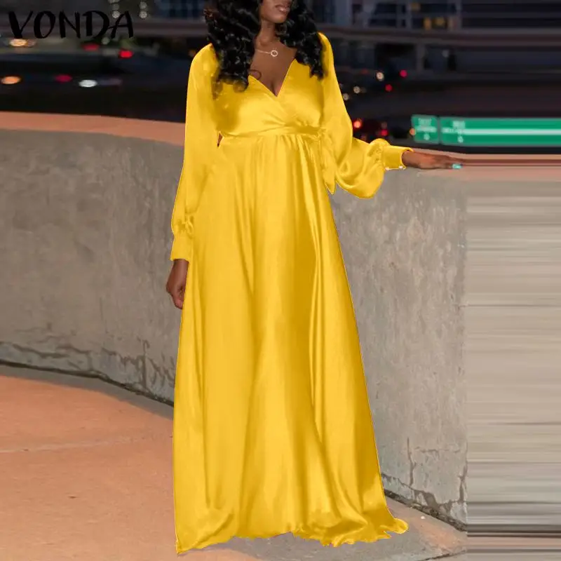 

Летнее Элегантное Атласное Платье VONDA 2022, женские офисные платья макси с длинным рукавом, сексуальные однотонные Плиссированные Свободные ...