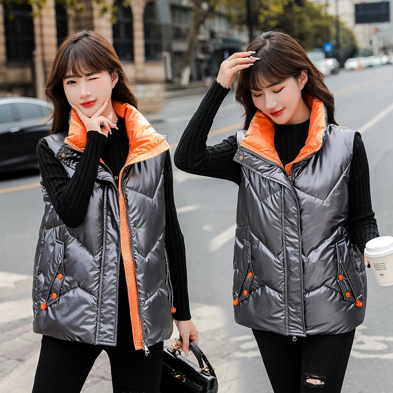 Women'S Down Cotton Tank Top Winter Warm Coats Vest Gray Polyester High Collar Patchwork Short Parkas Female Sleeveless Jackets
