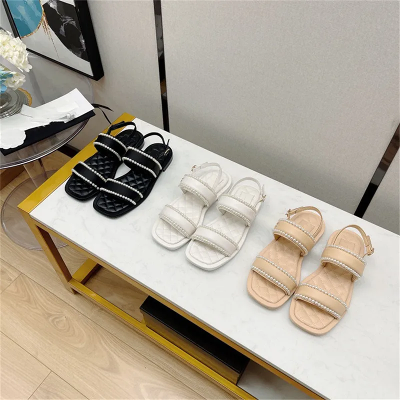 

Bordered Pearl Sandals Square Toe Chaussures Femme Summer Fashion Soft Heel Women Shoes Buckle Strap Pump Shallow Zapatos Mujer
