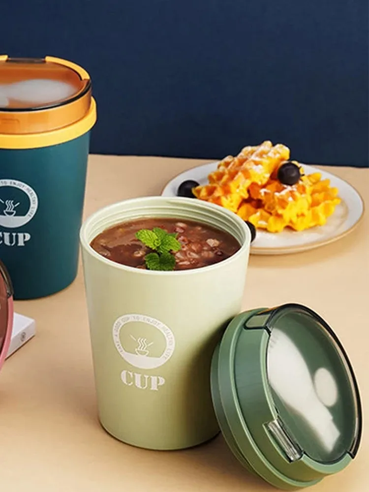 

500ml Portable Soup Porridge Cup Lunch Box Handy Milk Coffee Breakfast Cup Microwave Plastic Bento Student Sealed Food Container