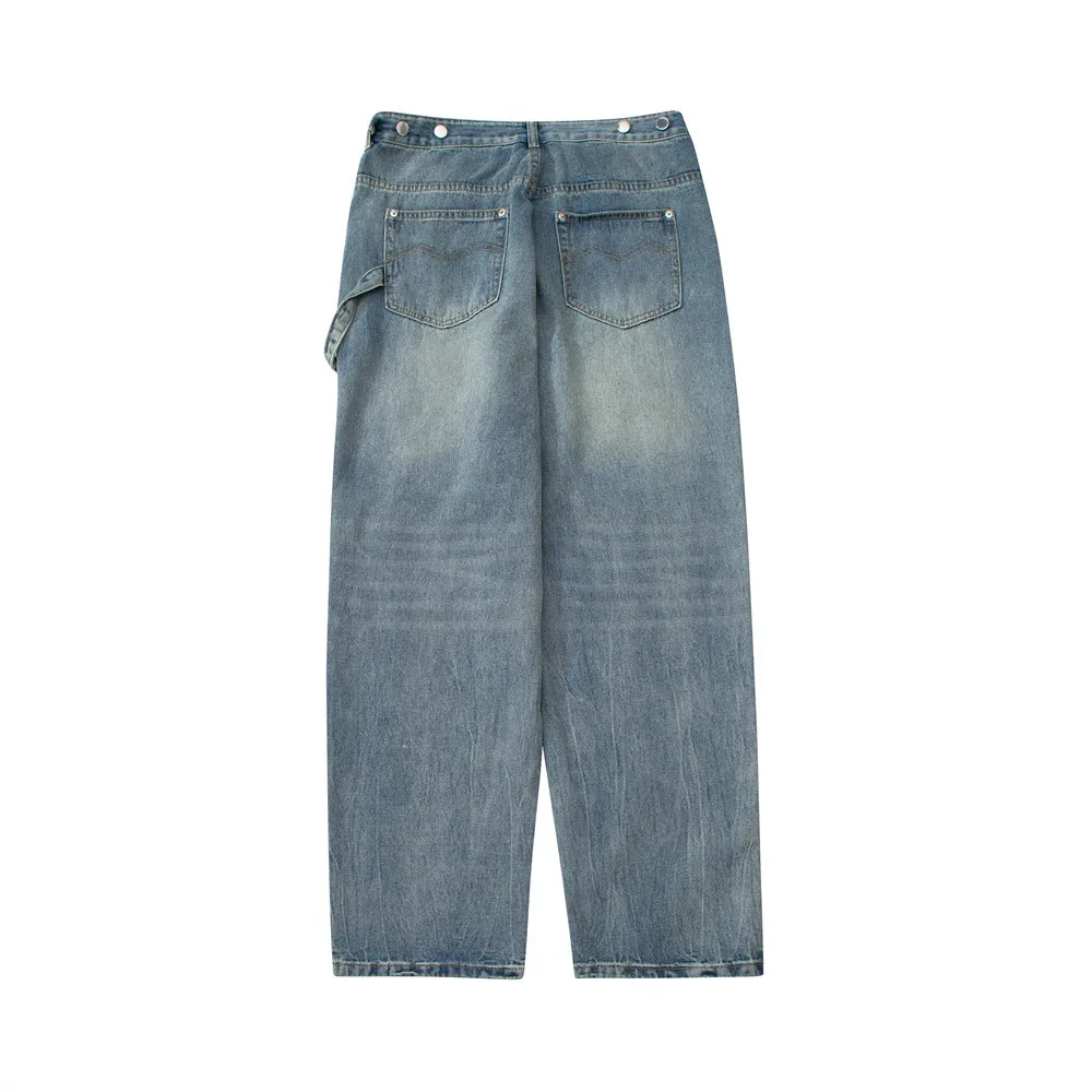 Retro Solid Color Washed Old Splicing Jeans Men's Street Trend Loose Straight Trousers Brand Casual Wide-leg Pants Baggy Jeans