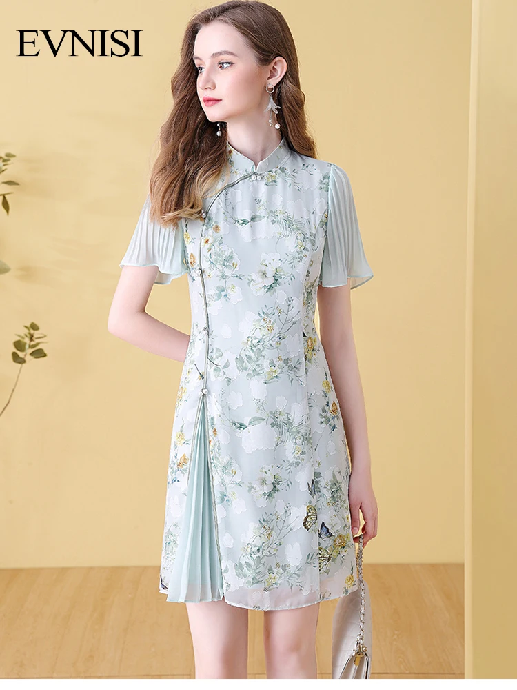 

EVNISI Vintage Silk Floral Print Dresses Women 2022 Summer Elegant Cheongsam Collar A-line Dresses Chinese Style Sweet Vestidos