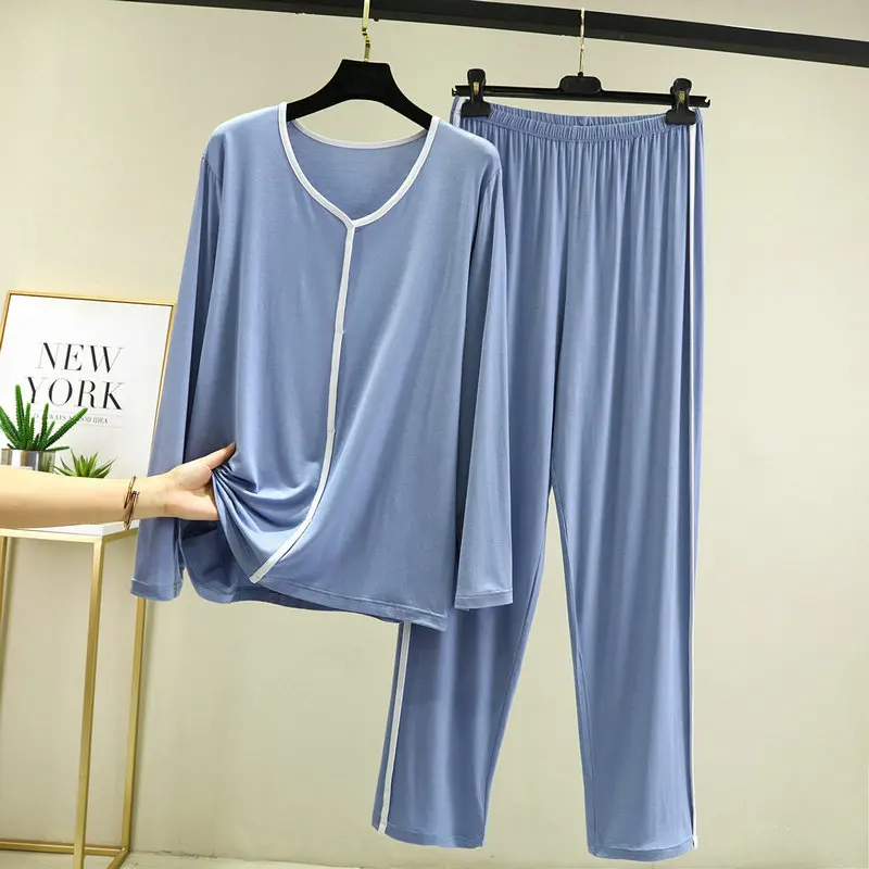 Women's Modal NEW Soft Pajamas Casual Sleepwear Set Women Pajama Set Full Sleeves Fashion Stripe V-Neck Shirt Pant Homewear