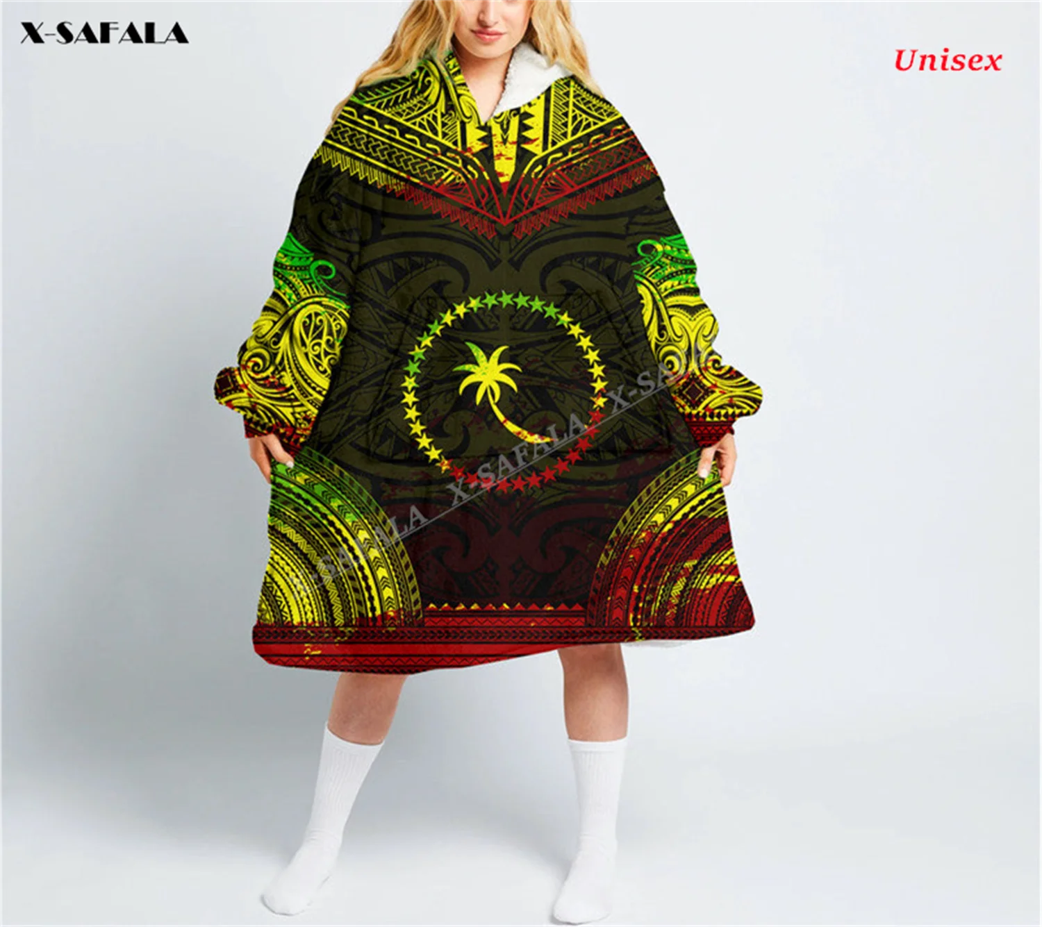 Chuuk Reggae Gift Hawaii 3D Print Winter Oversized Hooded Wearable Blanket Robes Thicker Flannel Cotton Men Female Pajamas