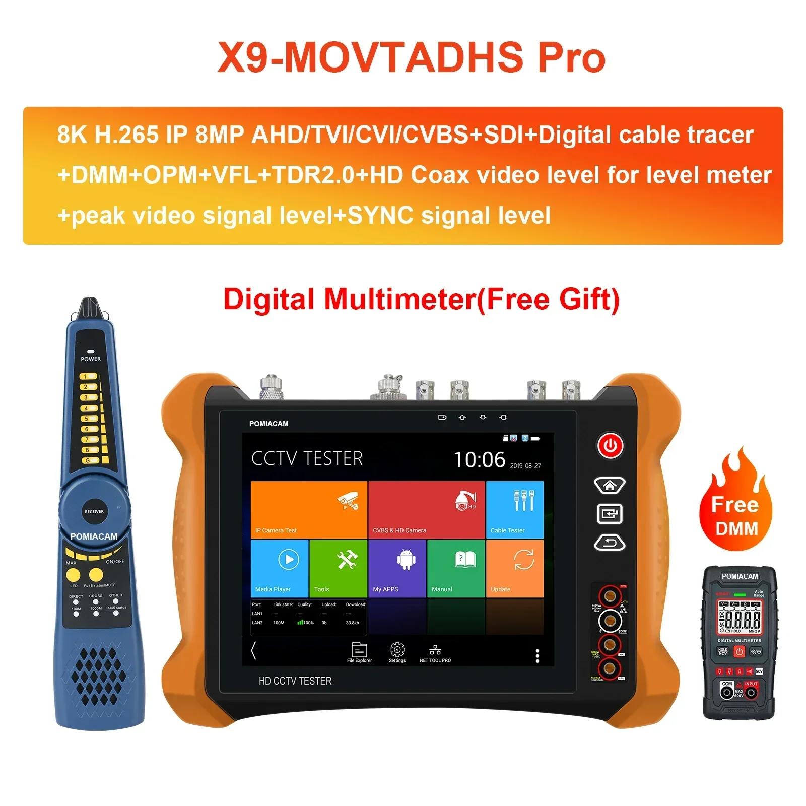 

X9-MOVTADHS Pro 8K H.265 Тестер IP-камеры H.264 Тестер камеры 8MP TVI AHD CVI с POE++ Макс. 90 Вт Тестер камеры с выходом питания POE