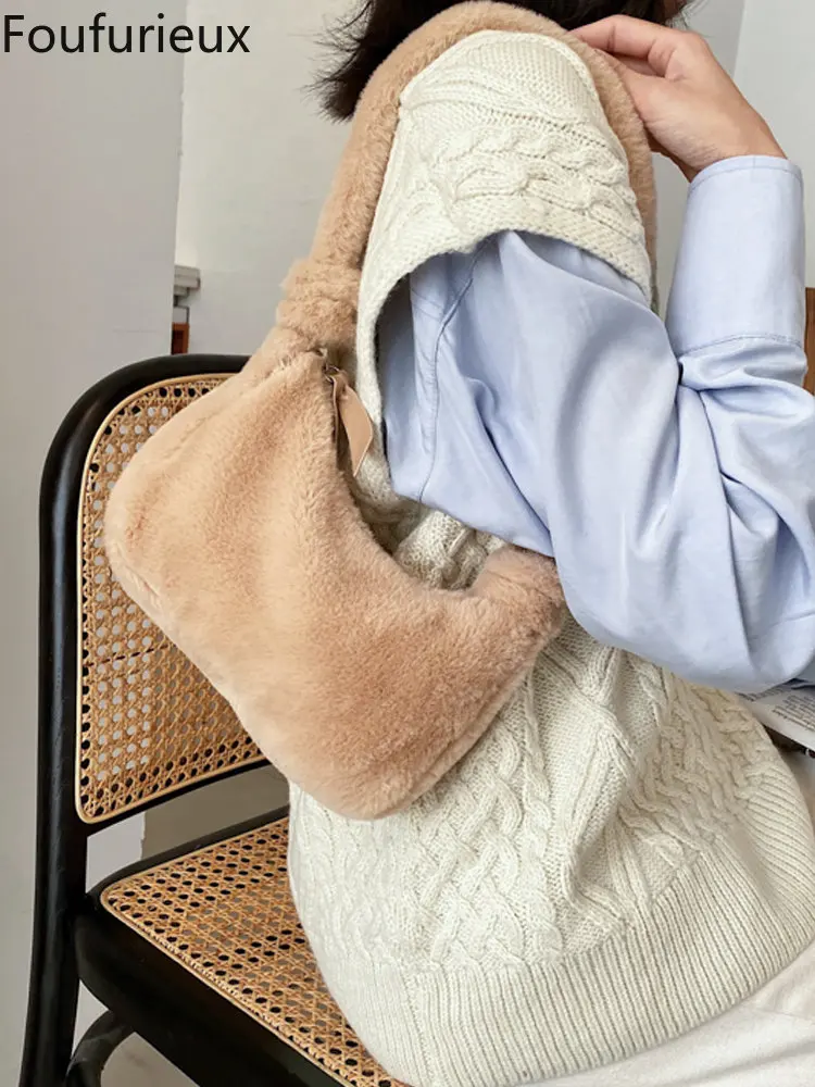 

Женские сумки на плечо foufurious, плюшевые сумочки 2022, Женский кошелек, модные повседневные однотонные сумки Хобо в Корейском стиле для осени и ...