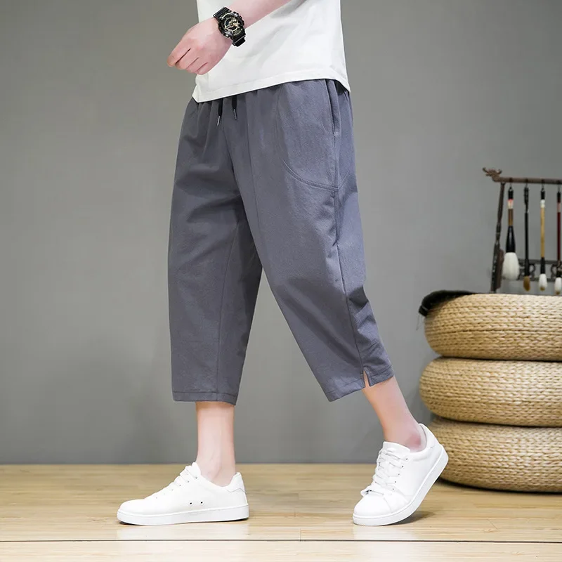 Лето 2023 новые мужские повседневные брюки длиной 7/2 свободные из хлопка и льна