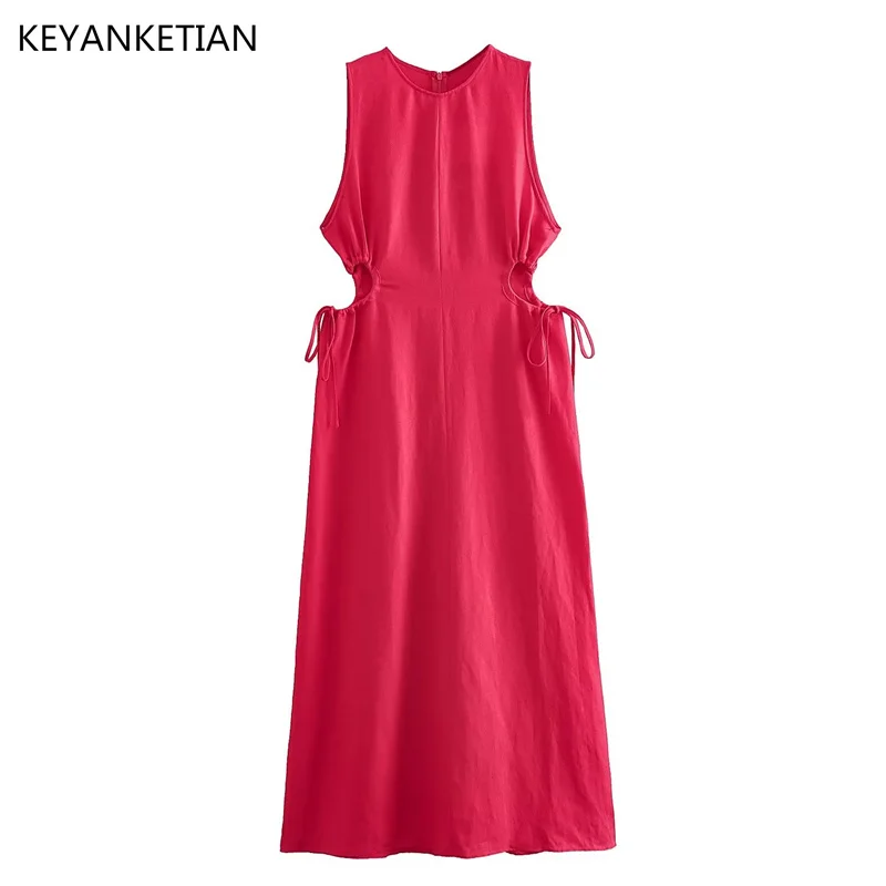

KEYANKETIAN Summer New Lace-Up Hollowed Out Waist Sleeveless Dress Sweet Wind Women Watermelon Red Slim-Fit Ankle-Length Skirt
