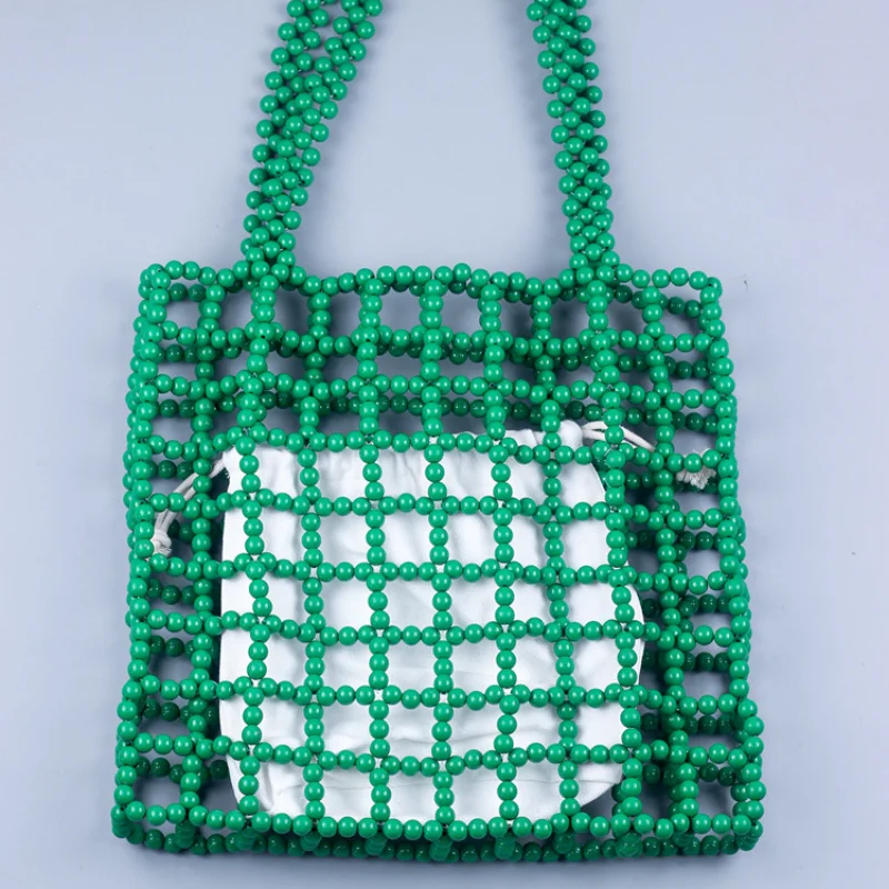 Summer Green Acrylic Beaded Bag Hollow Out Design Women's Tote Bag Seaside Travel Shopping Beach Bag Female Shoulde Bag 2023