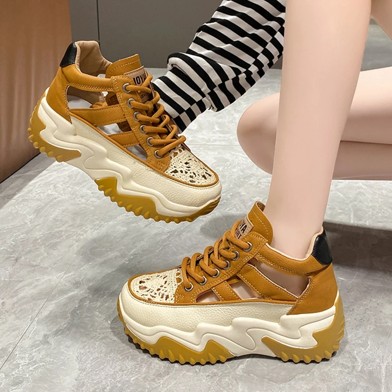 Women's Trend Hollow Sneakers Fashion Lace Up Platform Comfort Leather Casual Running Shoes Versatile Breathable Vulcanized Shoe
