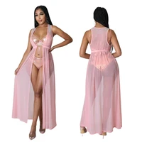 sexy 3 piece set summer swimwear bikini set for women pink lingerie panties diamond cape solid color pearl chiffon beach dress