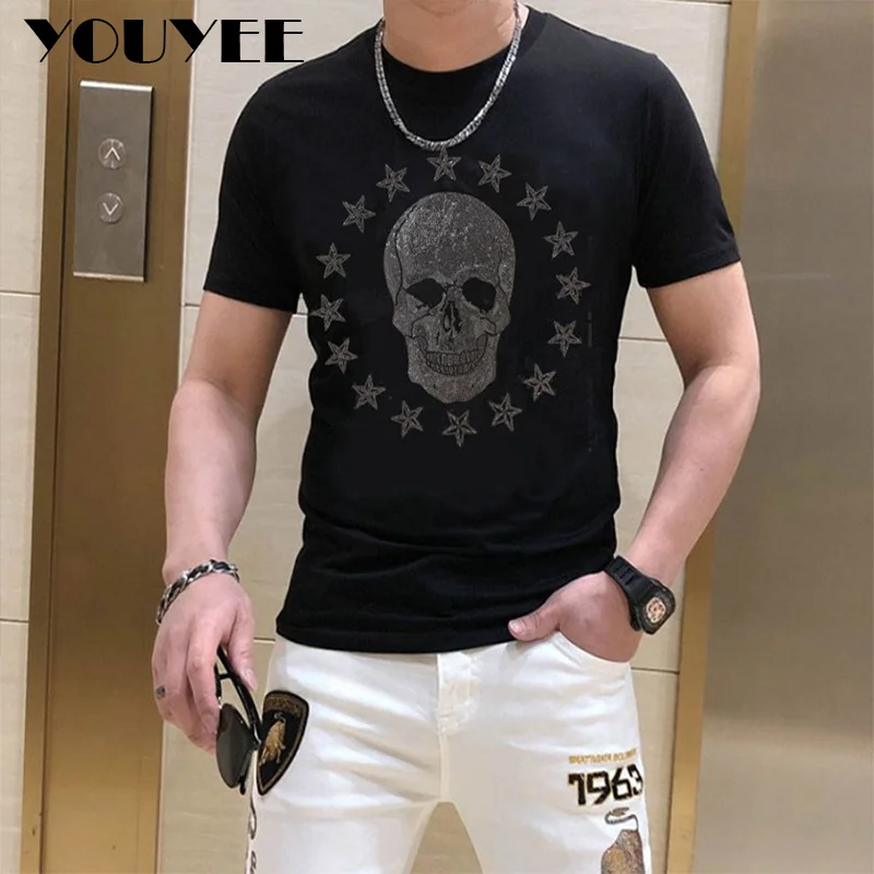 

Men's Short Sleeve T-shirt Skull Diamond Pattern Design Hip Hop Street Style Cool Handsome Men Tees Casual Cotton Top Clothing