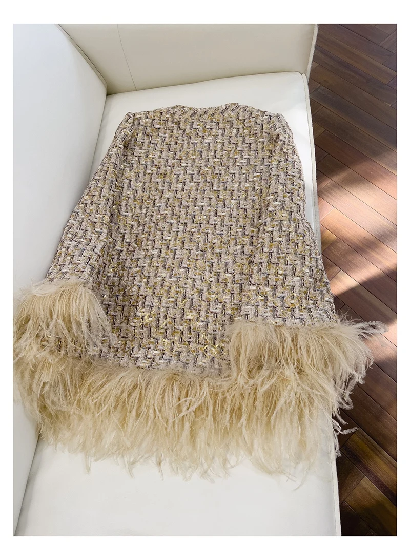 LingzhiWusis ранние зимние дизайнерские женские перья Лоскутные расклешенные рукава