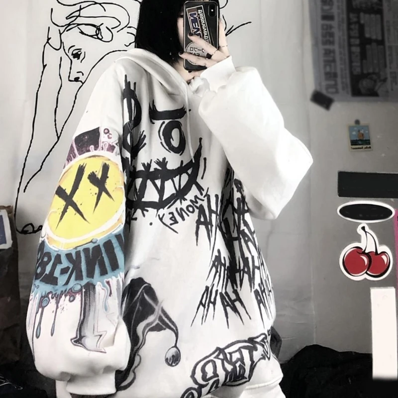 

Граффити Smile Face Drawstring Hoodies Women Gothic Punk Oversized Толстовка Прямая поставка