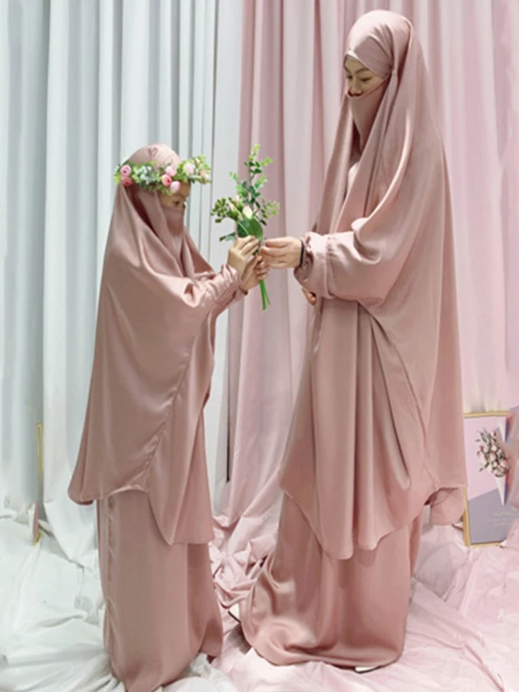 Ramadan 2pcs Matching Set Prayer Garment Muslim Dress Women Mommy Kids Girls' Abaya Set Long Khimar Jilbab and Skirt Islam Niqab