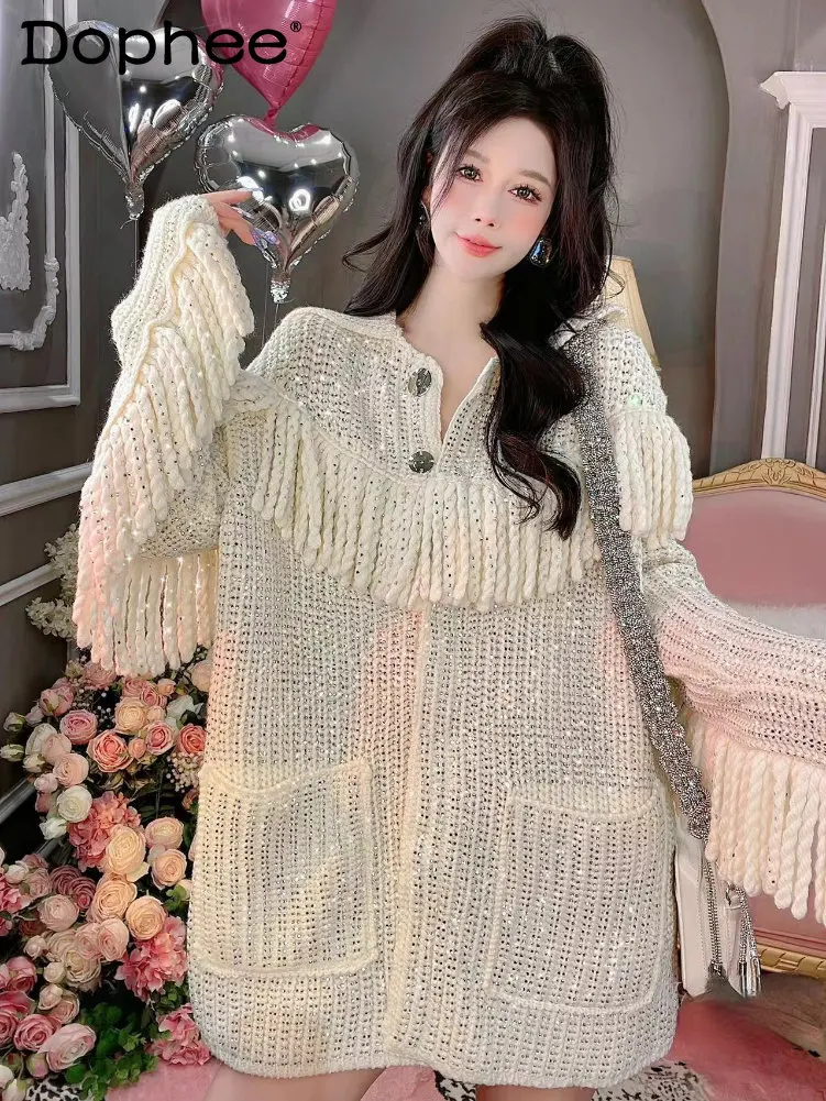 

Oversized Sweater Women Autumn and Winter New Loose Heavy Tassel Hot Drilling Idle Style Large Size Thickened Sweater Coat 2022