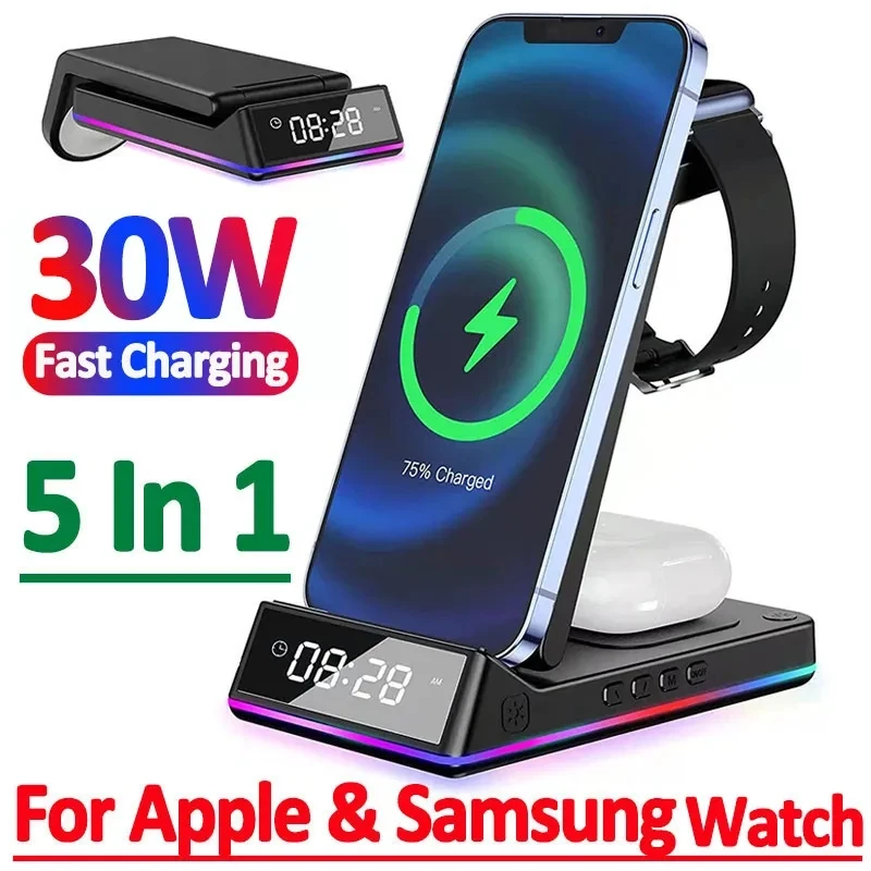 

5 In 1 30W Foldable Wireless Charger Stand RGB Dock LED Clock Fast Charging Station for iPhone Samsung Galaxy Watch 5/4 S22 S21