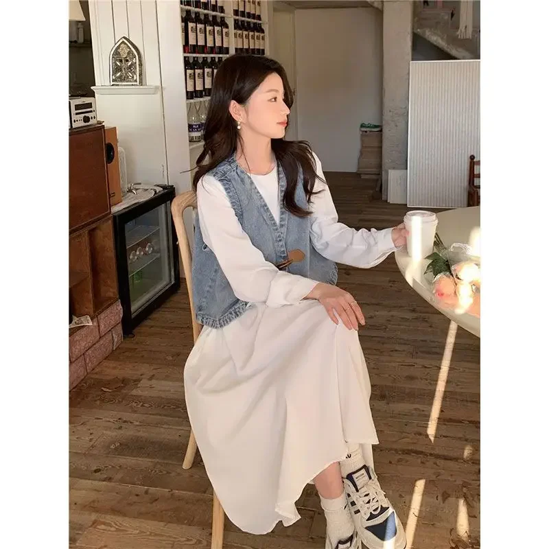 Весенне-осенний джинсовый жилет белое платье модный костюм-двойка женская