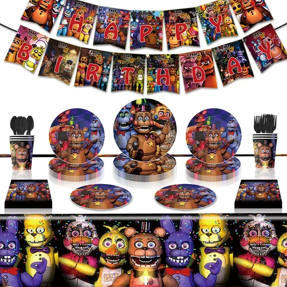 nocny niedźwiedź urodzinowa dekoracja na imprezę jednorazowy talerz obiadowy kubek papierowy ręcznik ciągnij flagę zestaw obrusów