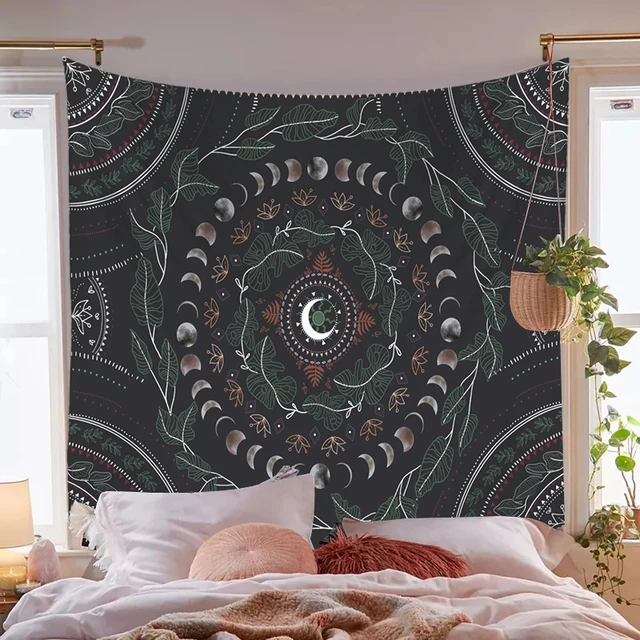 

Hogar Moon Tapestry Black Wall Tapestries Floral Boho Wall Hanging Divination Witchcraft Tapestry Mandala Room Decor Tarot Cards