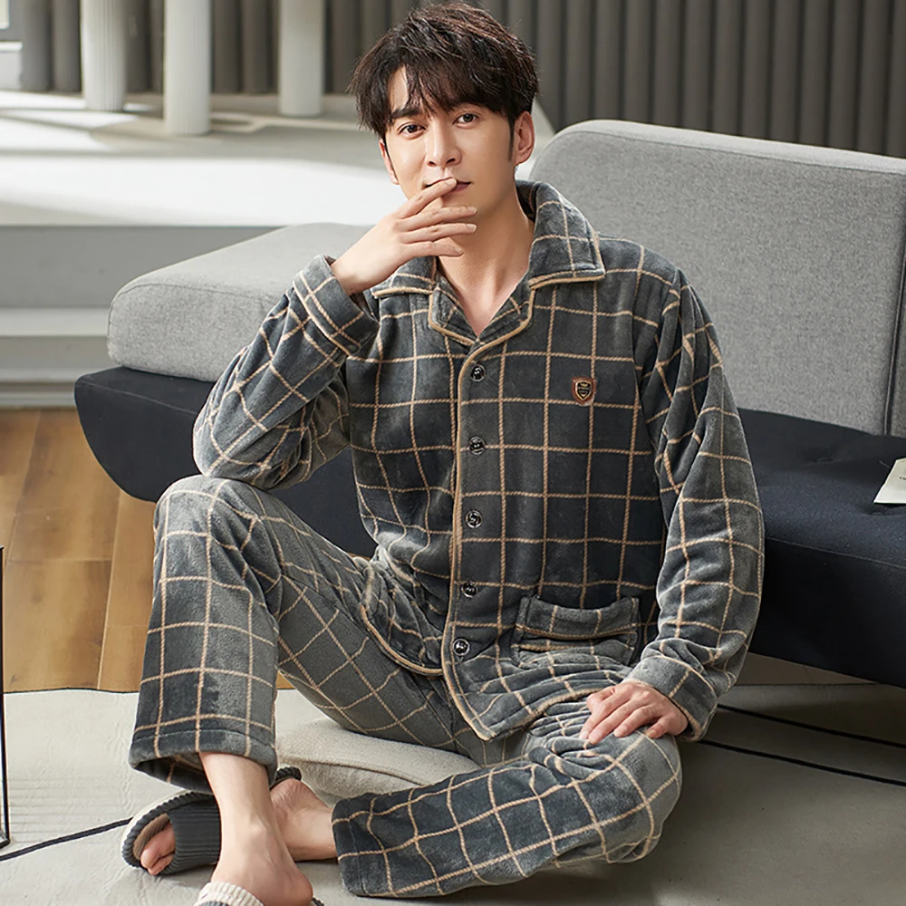 Flannel Pajama Sets Men Winter Men's Pajamas Thick Warm Lounge Set Fashion Striped Embroidery Male Pijama Casual Loungewear 3XL