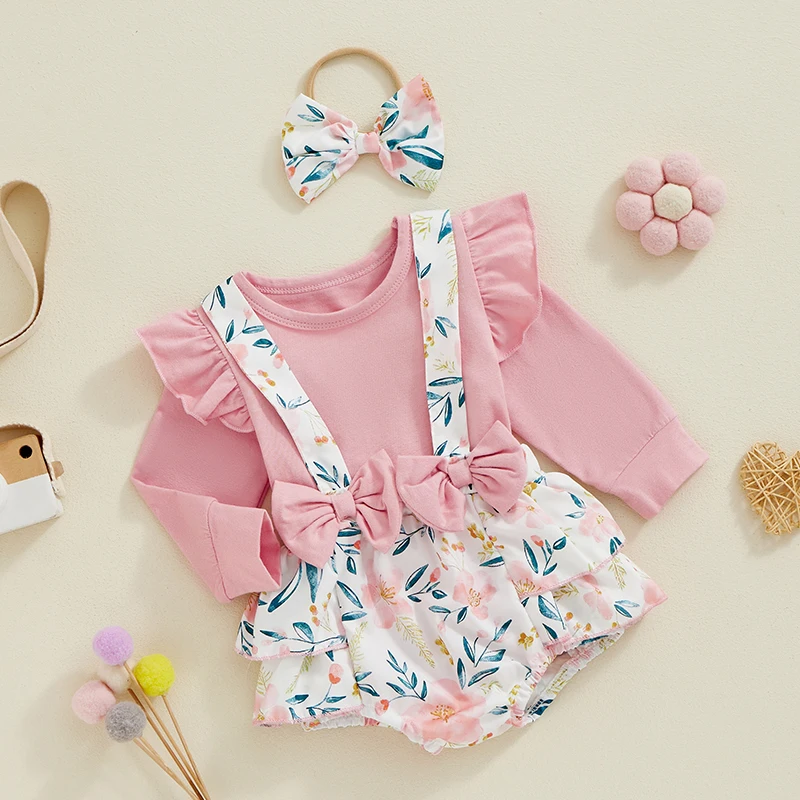 Осенний комплект для маленьких девочек комбинезон с длинным рукавом и оборками