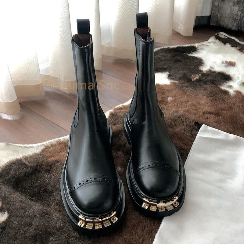 Thick Sole Ankle Boots for Women British Style Short Boots Round Toe Metal Decor Female Shoes Chelsea Boots Spring Autumn