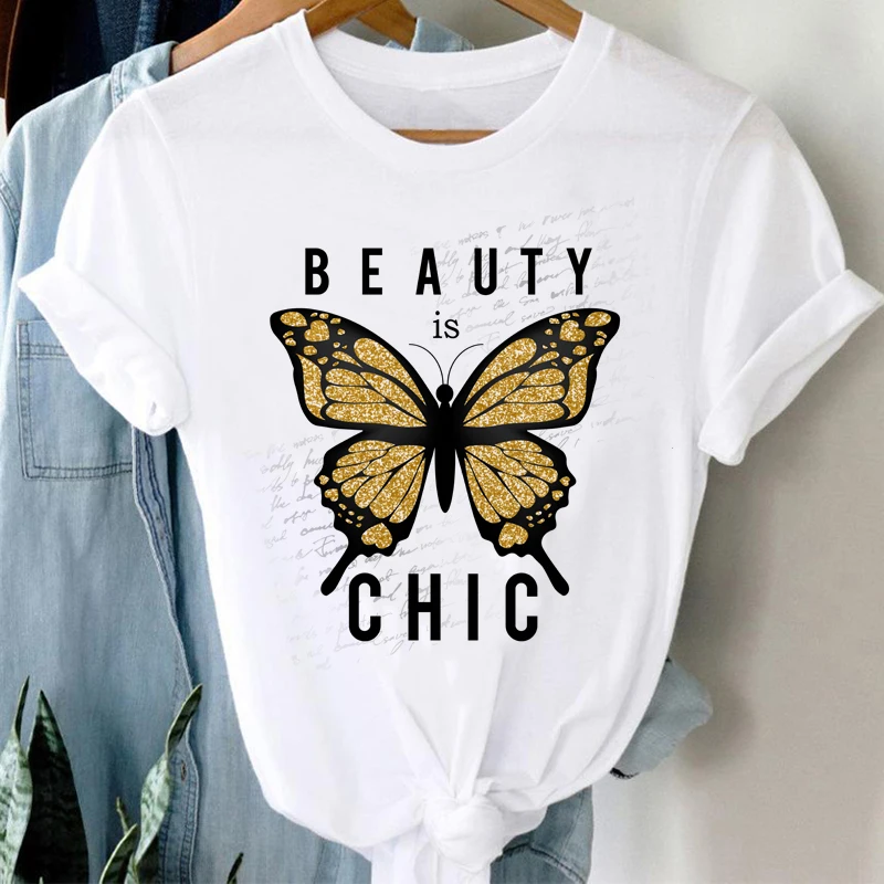 

Женская футболка с коротким рукавом, круглым вырезом и цветочным принтом в виде бабочки