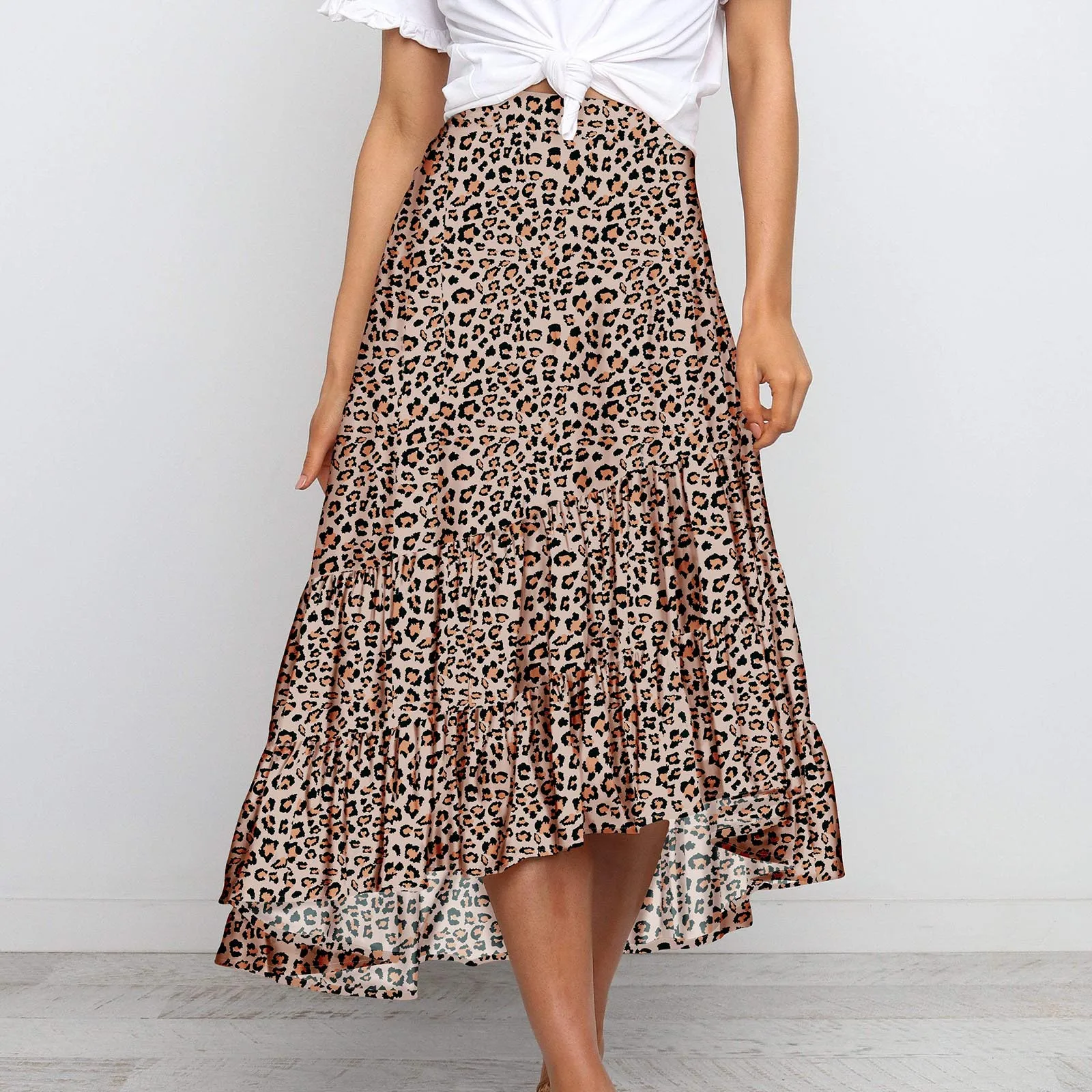 

Leopard High Ruffle Chiffon Women Waist Fashion Skirt Print Casual Mid-length Print Skirt