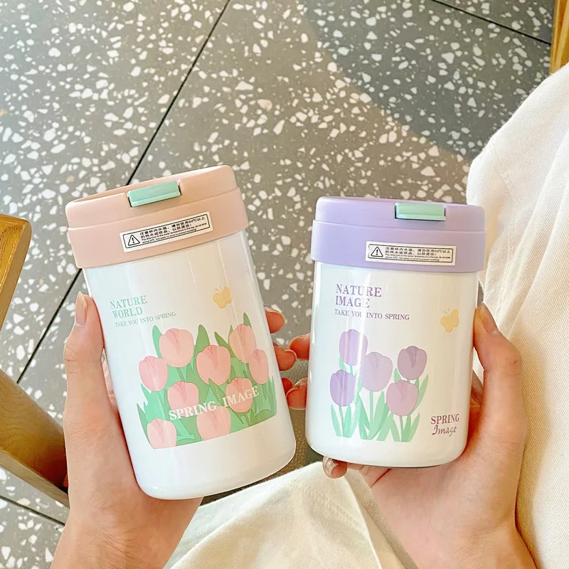 

340/420ml Flower Pattern Thermal Water Bottle Cute Insulated Stainless Steel Thermos Coffee Travel Mug Drinking Bottles For Girl