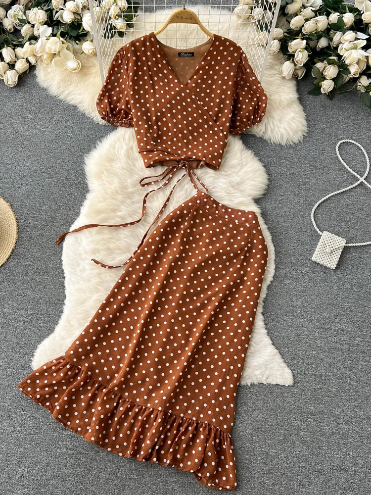 

Hikigawa Chic Fashion 2 PIece Women Set V Neck Chiffon Polka Dot Crop Top+Vintage High Waist Midi Fishtail Skirts Streetwear