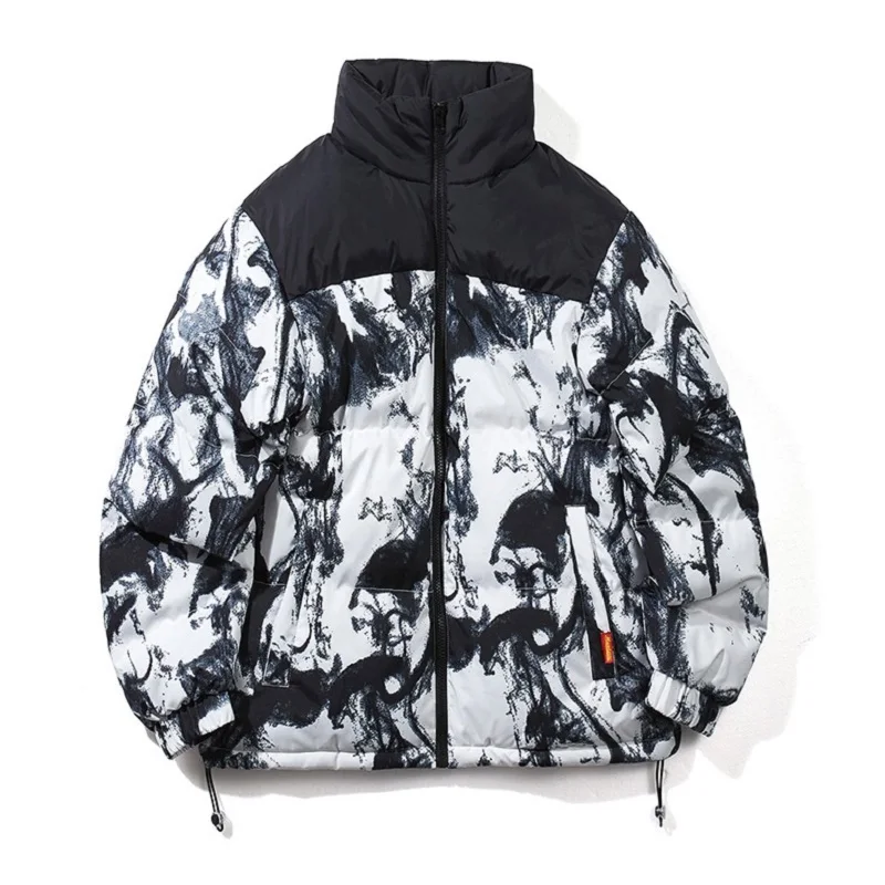 Couple winter Coat Men's Fashion Stitching Printed Stand-collar Cotton Jacket Thick Warm Jacket Short Couple Clothes