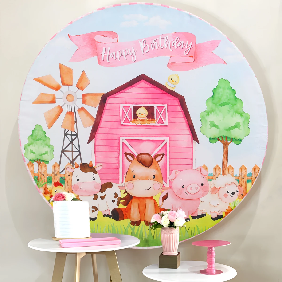 Круглый день Рождения Вечеринка фоны Единорог динозавр Фламинго ферма животные