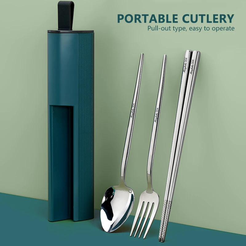 

Portable Stainless Steel Cutlery Set Tableware Set Fork Spoon Chopstick Camping Travel Flatware Set with Storage Box