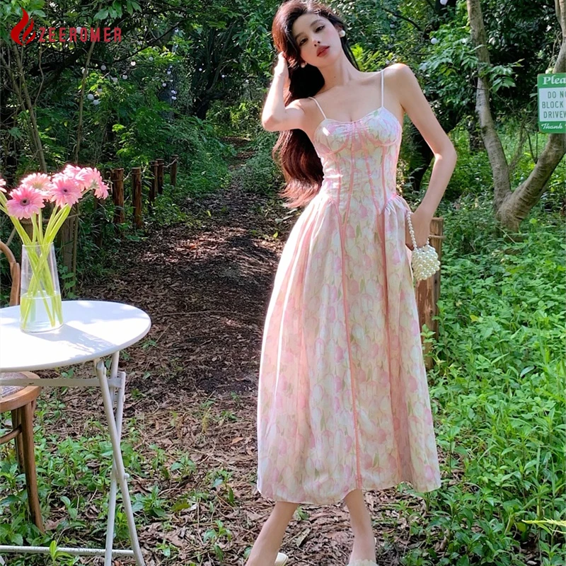 

Женское винтажное платье миди с цветочным принтом, розовое платье миди с V-образным вырезом, лямкой на шее, роскошное милое платье для пляжа ...