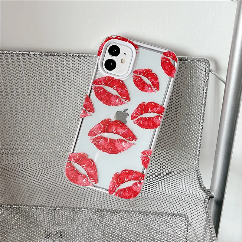 

Чехлы для телефонов iPhone 13, 12, 11 Pro, XS MAX, XR, 8, 7, 6S Plus, чехол 3 в 1, мягкий чехол из ТПУ с милыми мультяшными губами, рамкой для объектива из поликарбо...